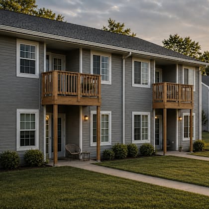 A row of houses with balconies and doors.