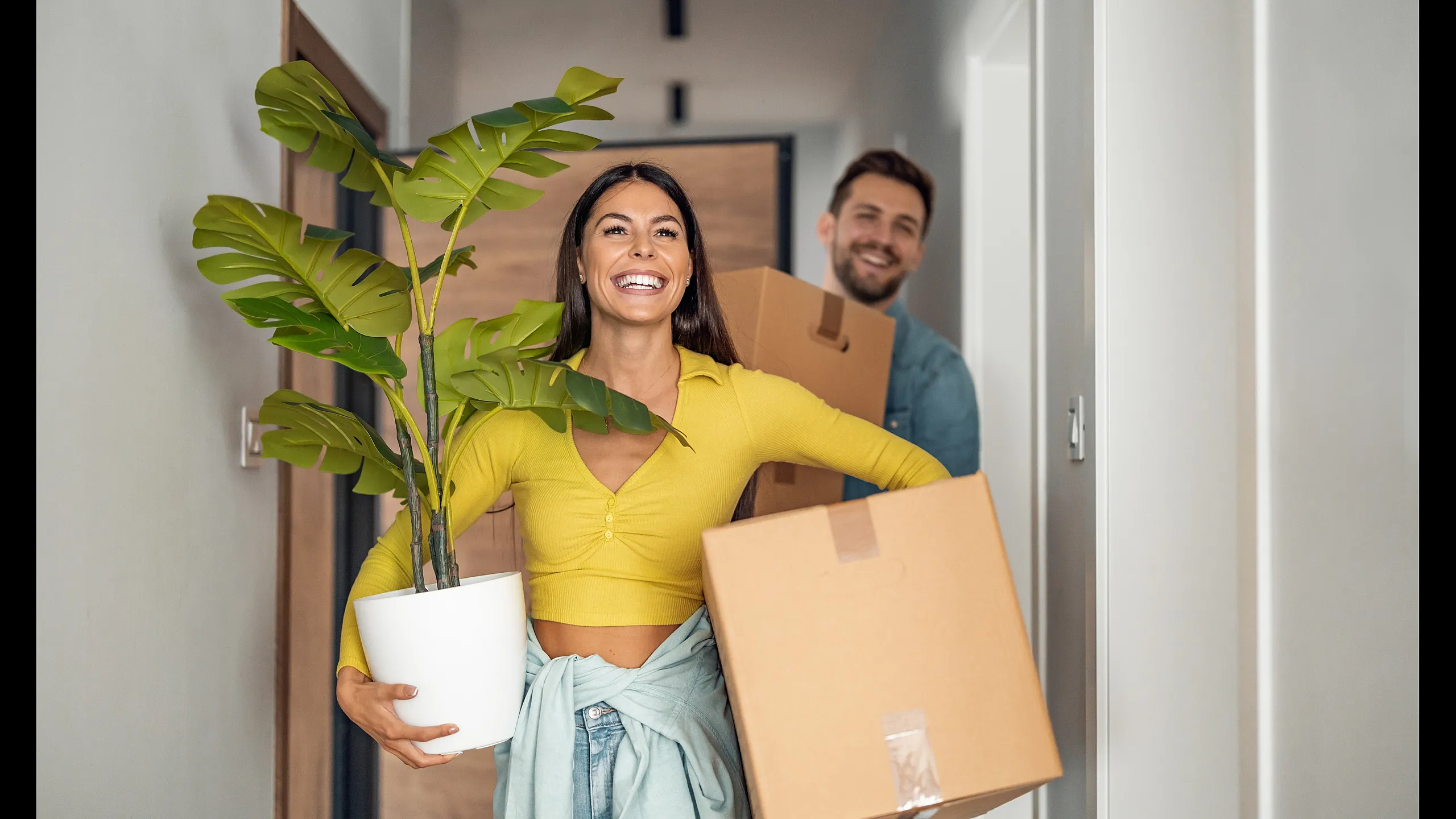 Joyful couple moving into a bright, new apartment with boxes and a vibrant potted plant.