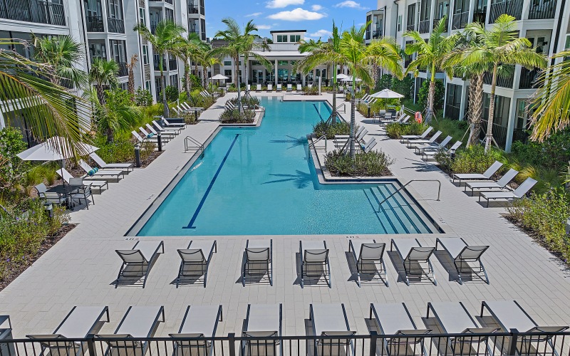 a pool between buildings