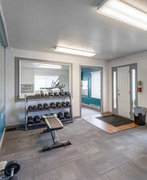 A gym with a variety of equipment including weights and a treadmill.