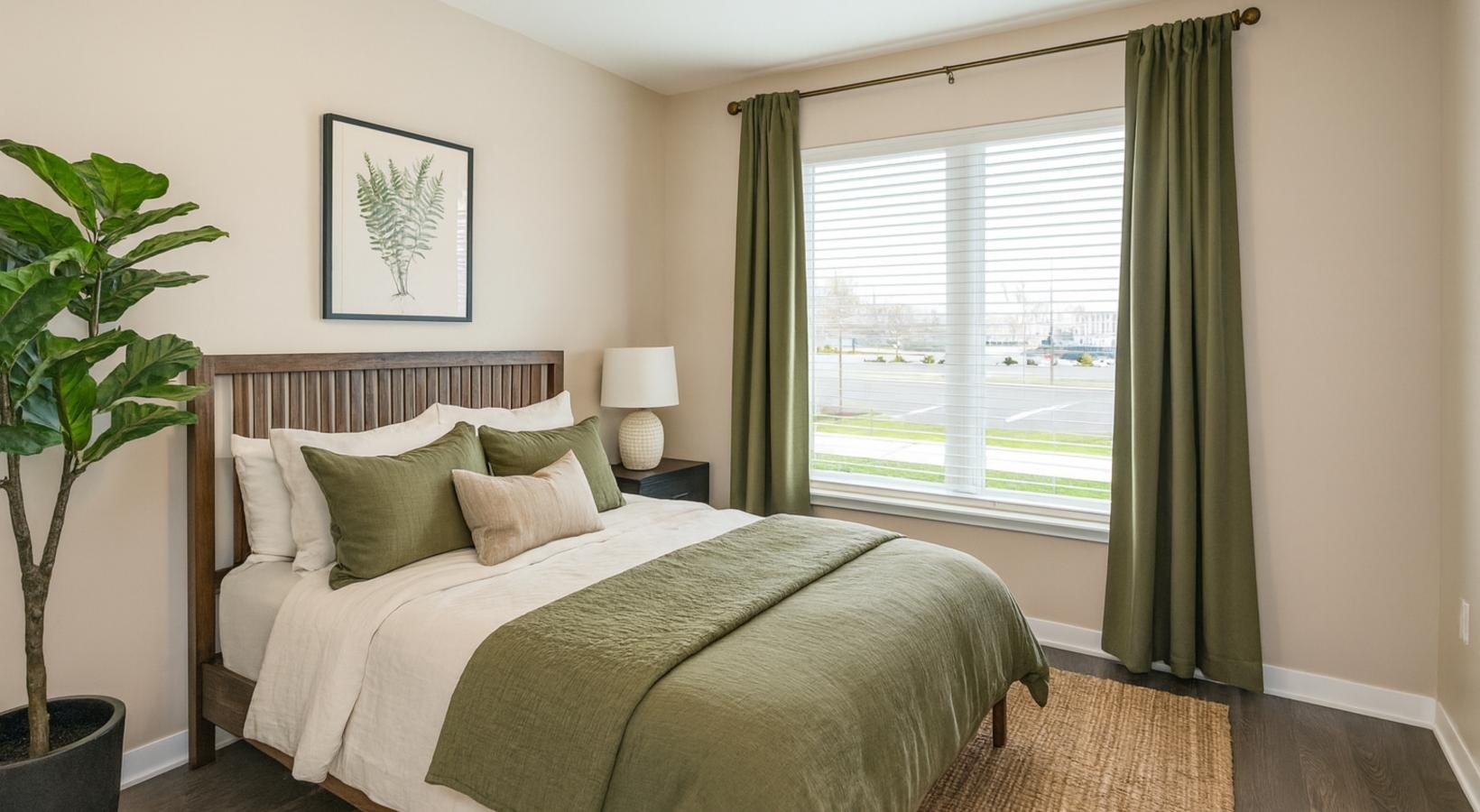 a bedroom with a bed and a large window