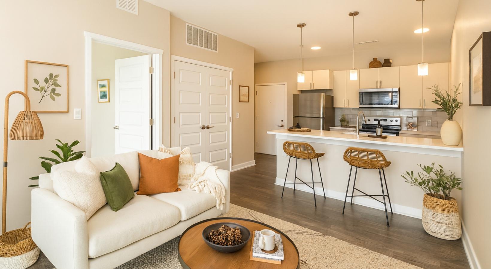 a living room with a couch and a table and a kitchen island in the back