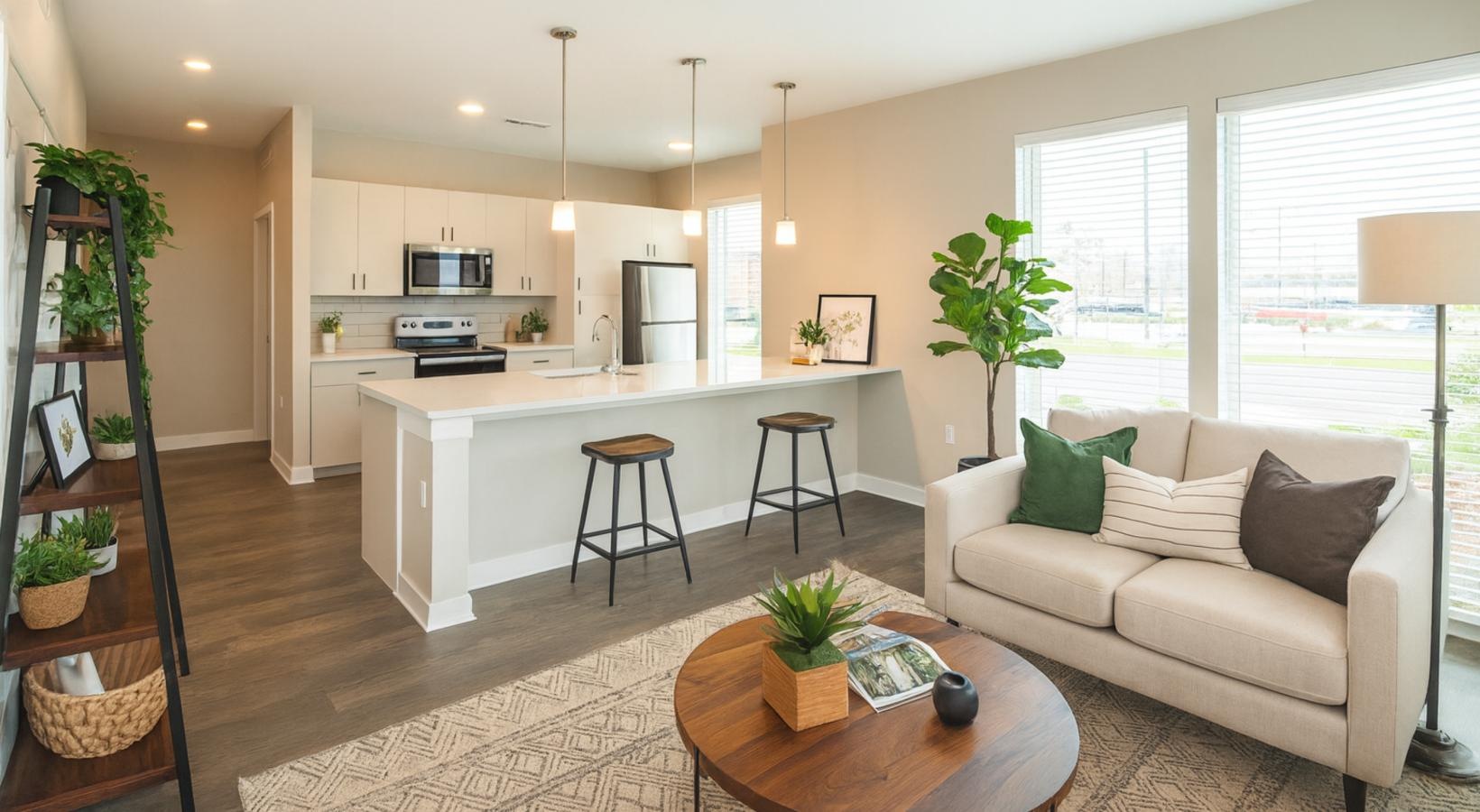 a living room with a kitchen island beyond