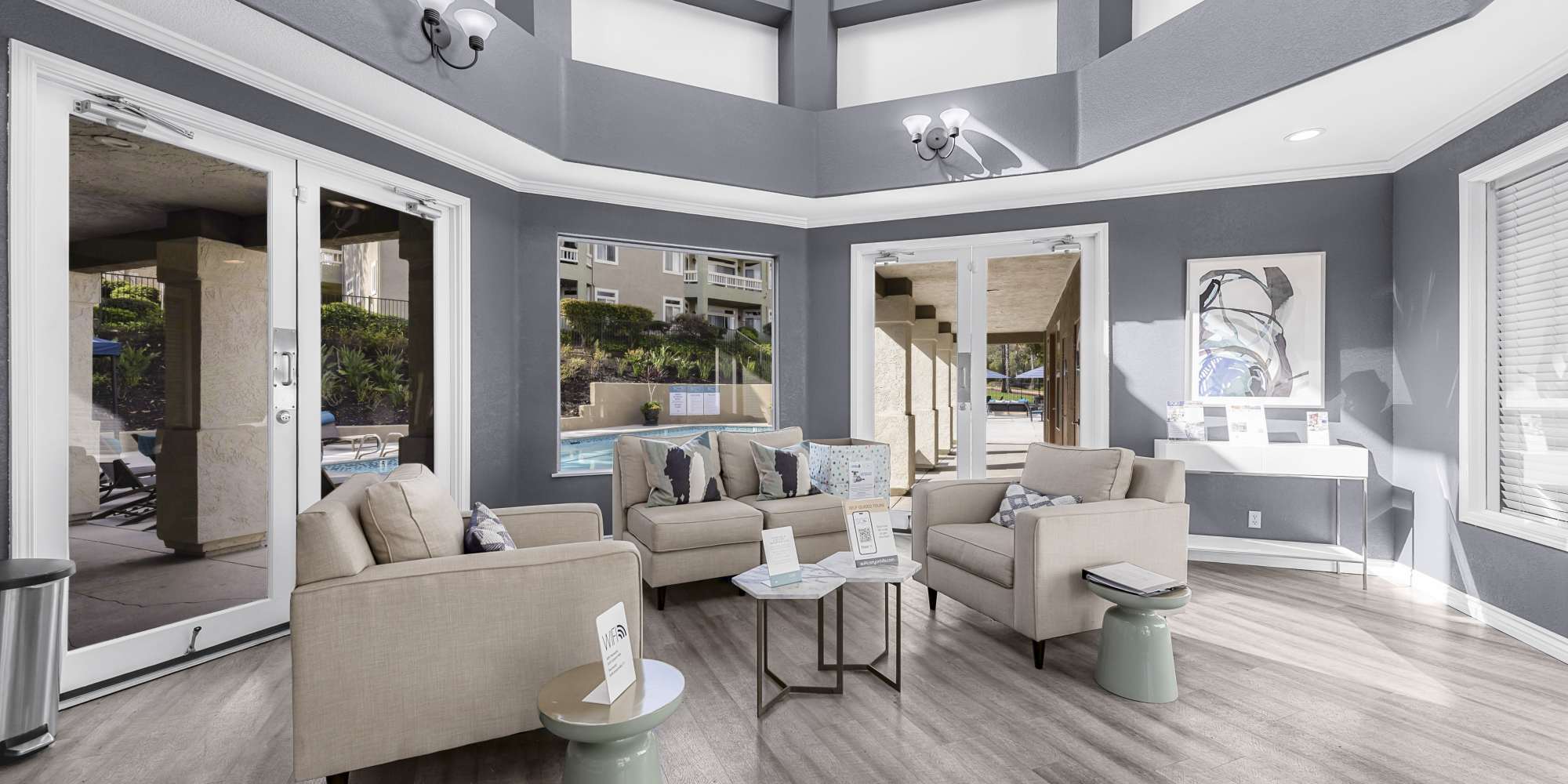 Stylish Lounge Area with Modern Furniture at Sofi Canyon Hills in San Diego, California.