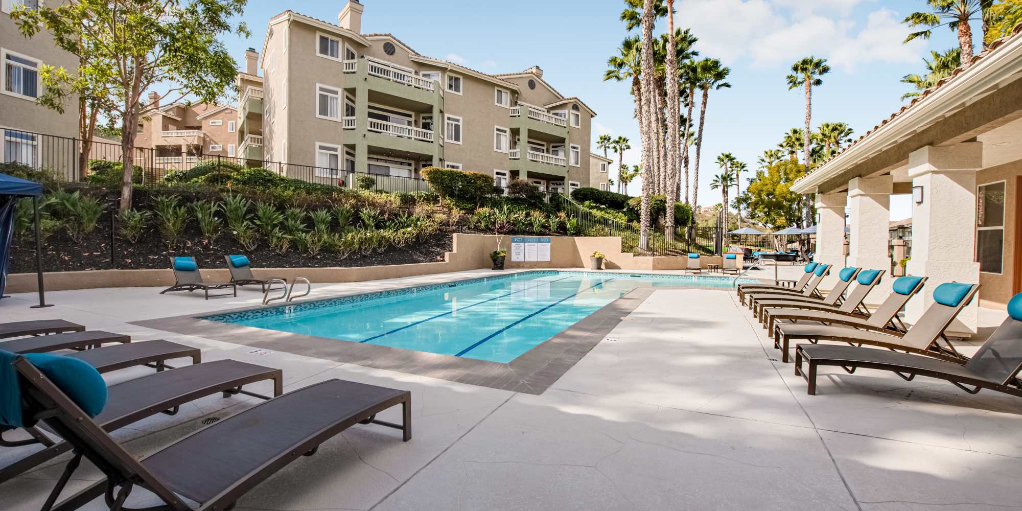 Spacious pool with sun decks at Sofi Canyon Hills in San Diego, California.