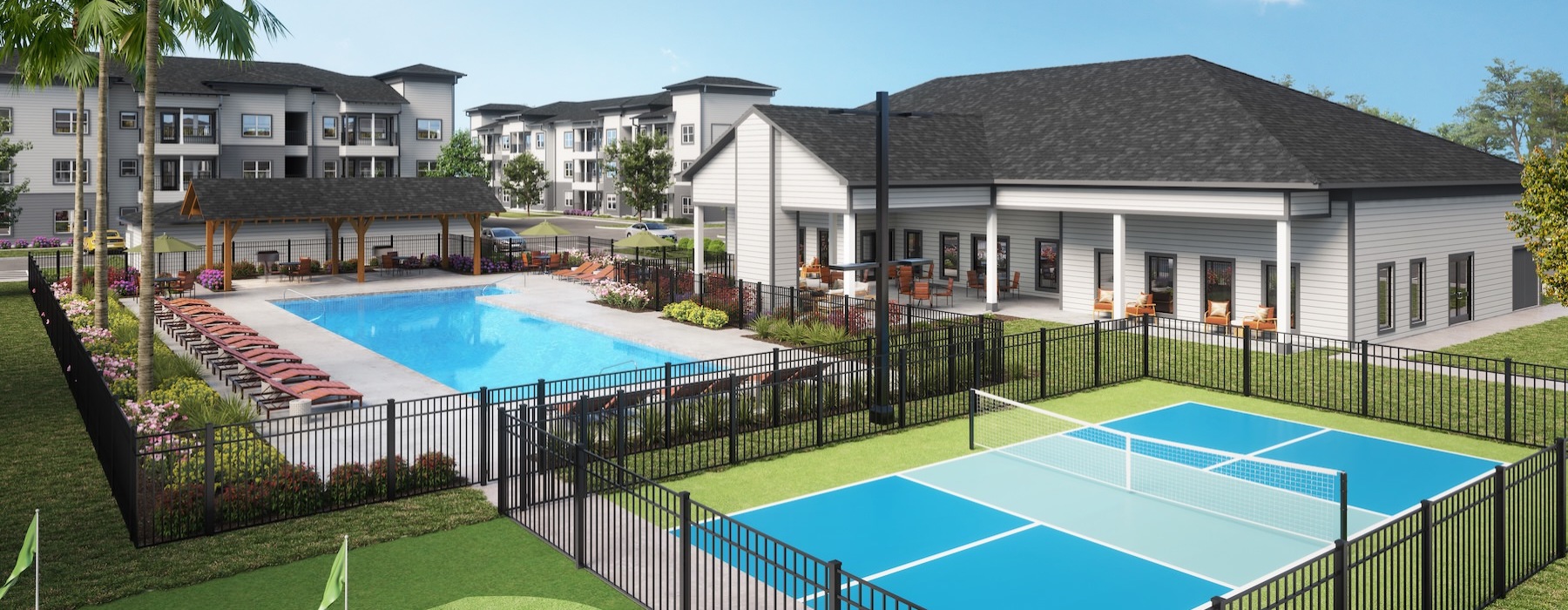 Aerial view of the pool, tennis court and clubhouse at Arbor Rose Porter apartments in New Caney.