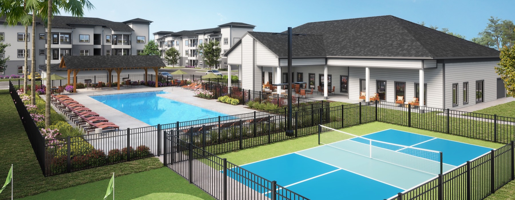 Aerial view of the pool, tennis court and clubhouse at Arbor Rose Porter apartments in New Caney.