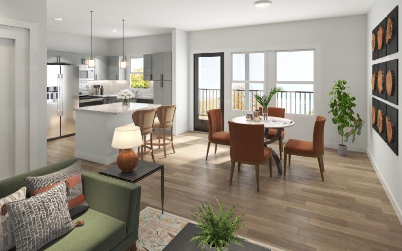 Open-concept living, kitchen, and dining at Arbor Rose Porter pet-friendly apartments in Northeast Houston.