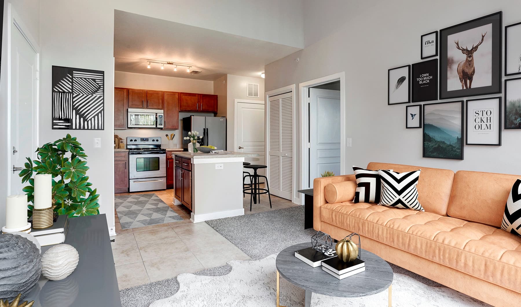 spacious living room with connected kitchen