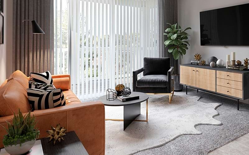 spacious living area with easy access to other rooms & patio