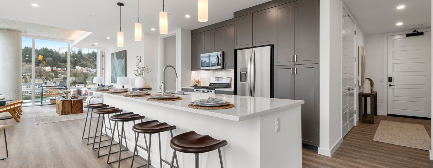 Upscale kitchen in a smart apartment home at Willamette Tower in Portland