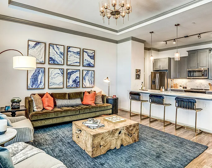 vaulted ceiling and open kitchen in unit