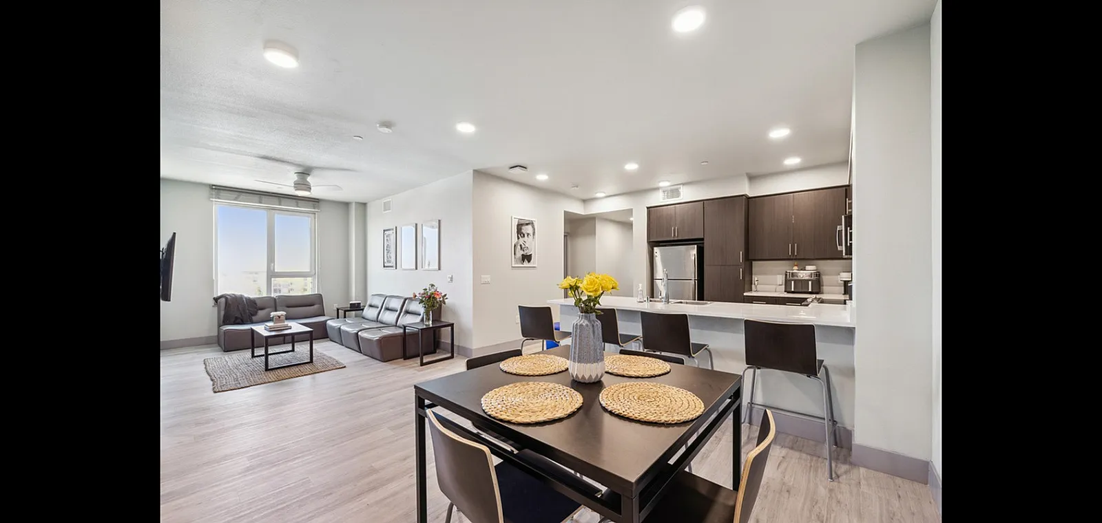 Modern open-concept apartment with sleek living room, stylish kitchen, and elegant dining area featuring chic decor and abundant natural light.
