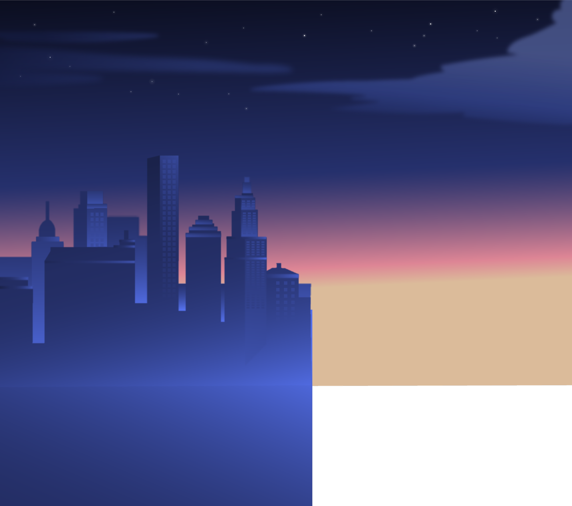 Deep purple and sunset orange illustration of a cityscape