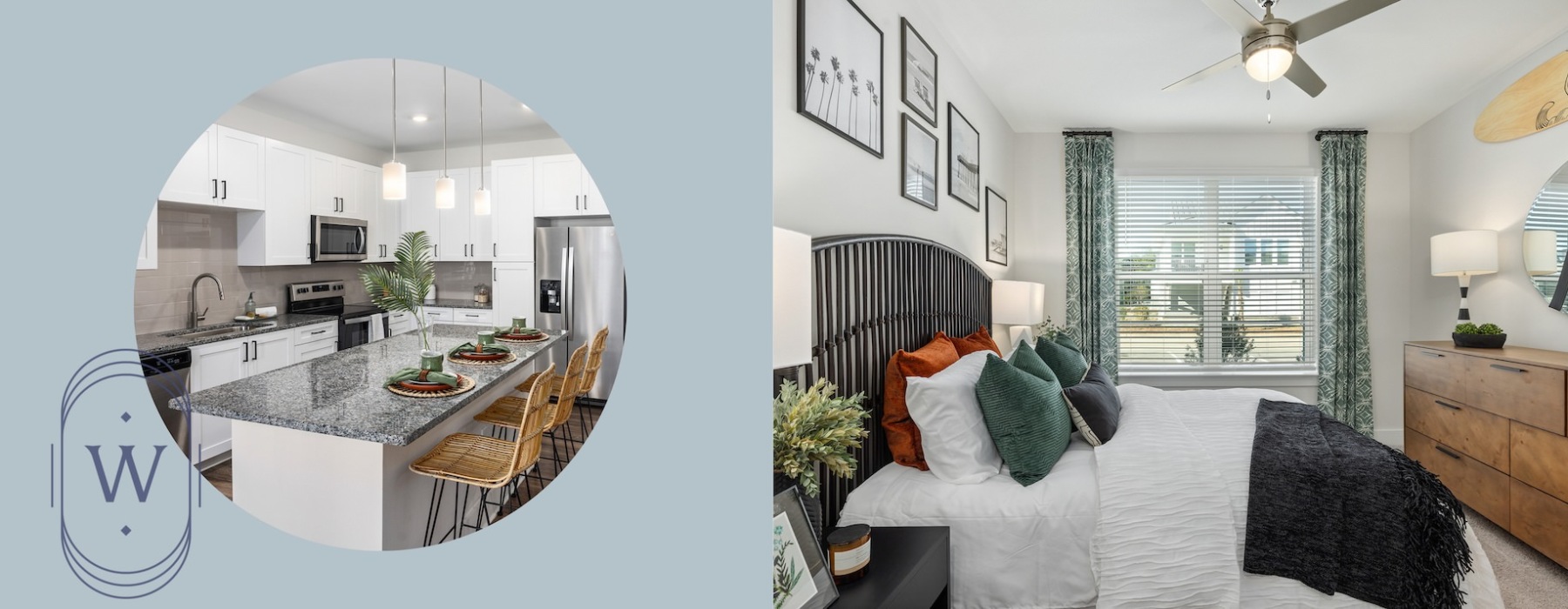 Side by side view of the luxury kitchen and bedroom at Wentworth Park apartments in Port Wentworth