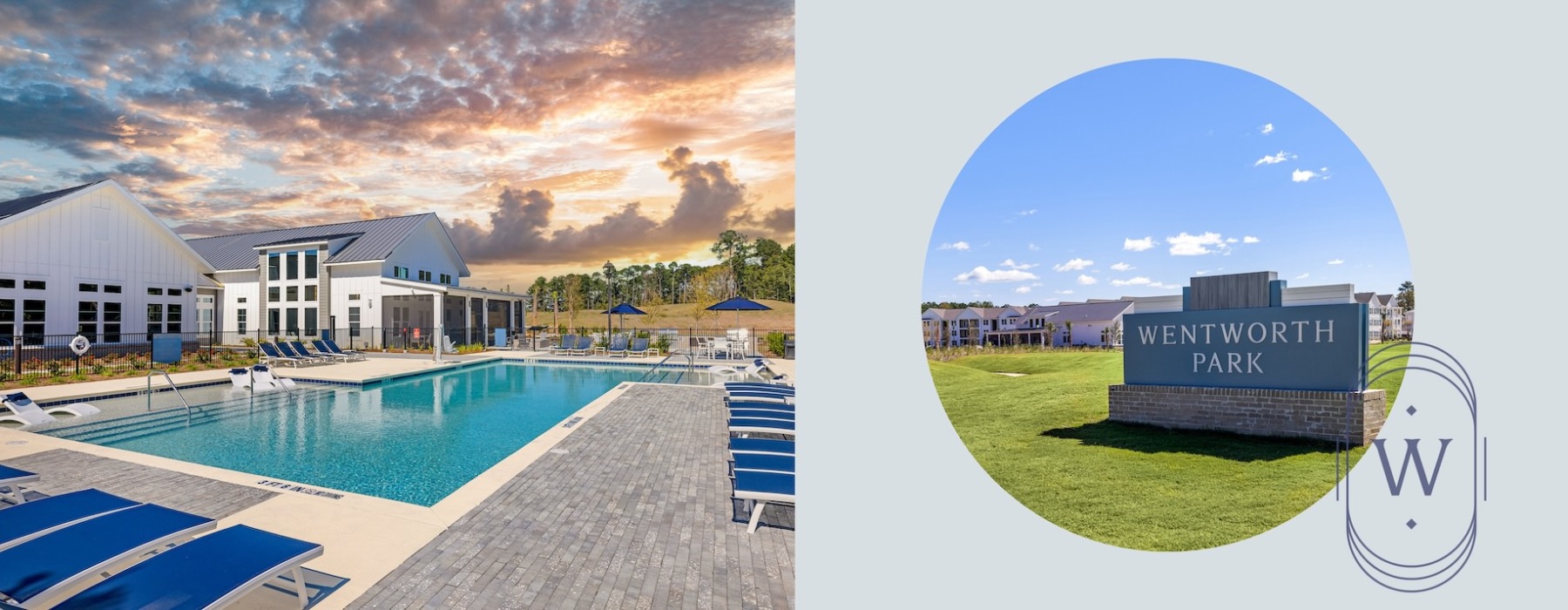 Side by side views of the swimming pool and signage at Wentworth Park new apartments in Port Wentworth, GA