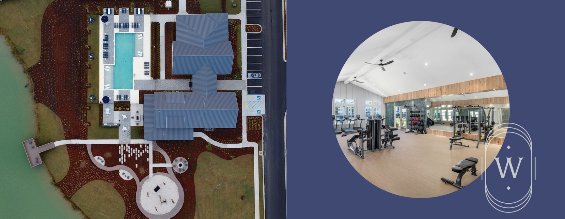 Two photos of an ariel view of Wentworth Park homes for rent in Port Wentworth and its fitness center