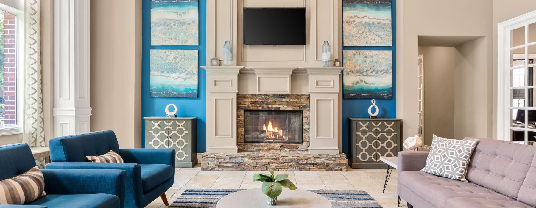 a living room with a fireplace