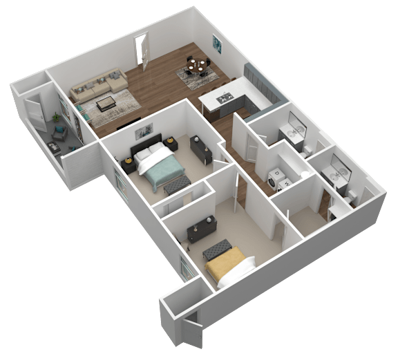 A 3D rendered image of a house layout.