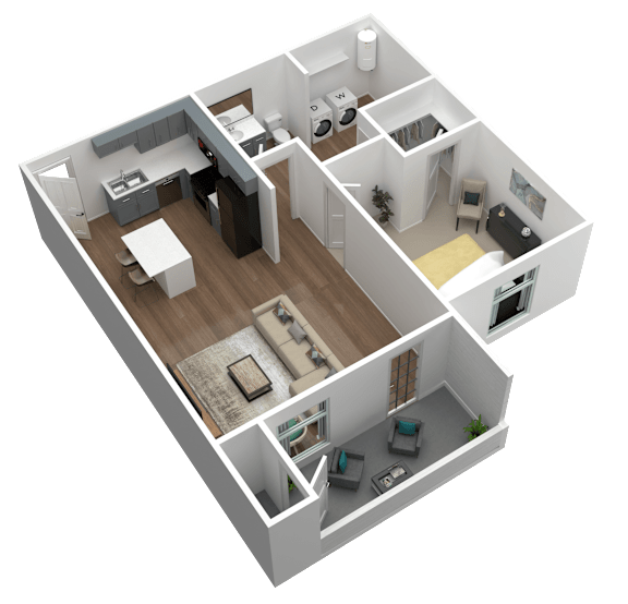A 3D floor plan of a house with a kitchen, living room, and bedrooms.