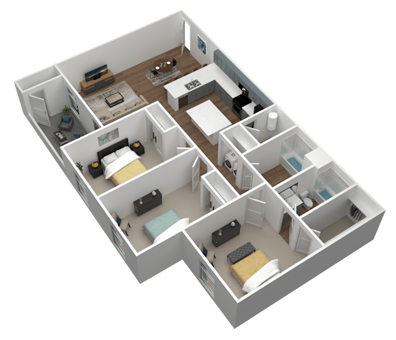 A 3D floor plan of a multi-bedroom apartment.