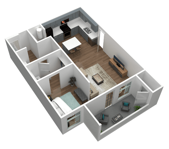 A 3D image of a house layout with a living room, kitchen, and bedrooms.