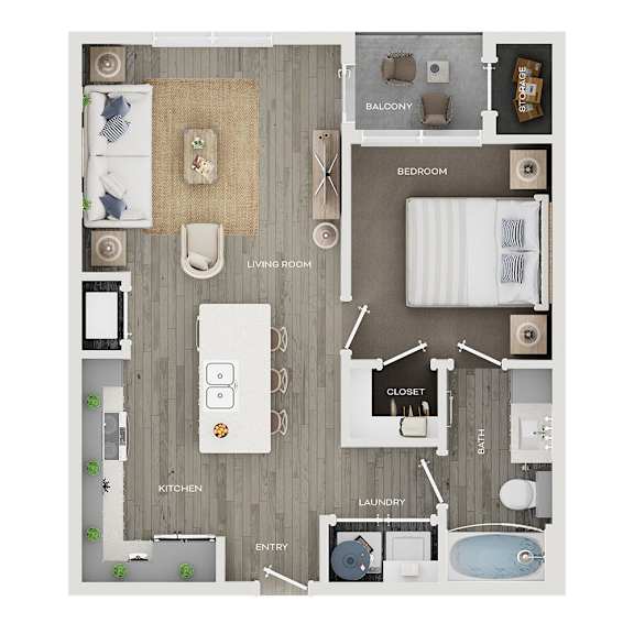 A floor plan of a house with a living room, kitchen, bathroom, and laundry area.