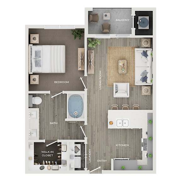 A floor plan of a home showing a bedroom, bath, living room, kitchen, and laundry area.
