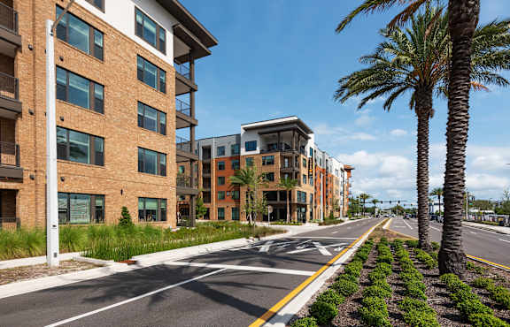 A street view of a residential area with modern buildings and palm trees.