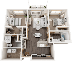 A detailed 3D floor plan of a two-bedroom apartment.