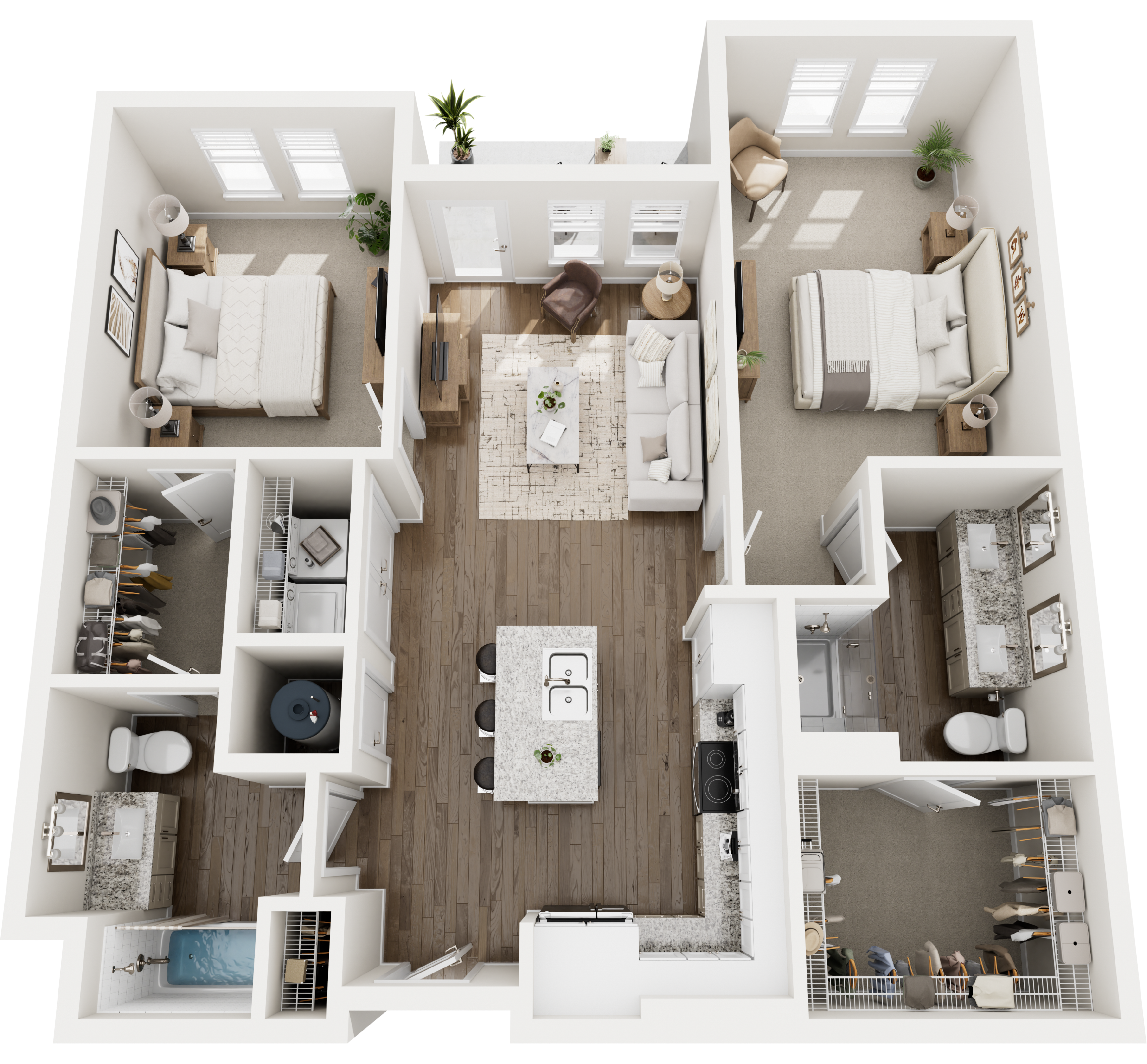 2-bedroom apartment floor plan with modern open kitchen, living area, two bathrooms, and walk-in closets.