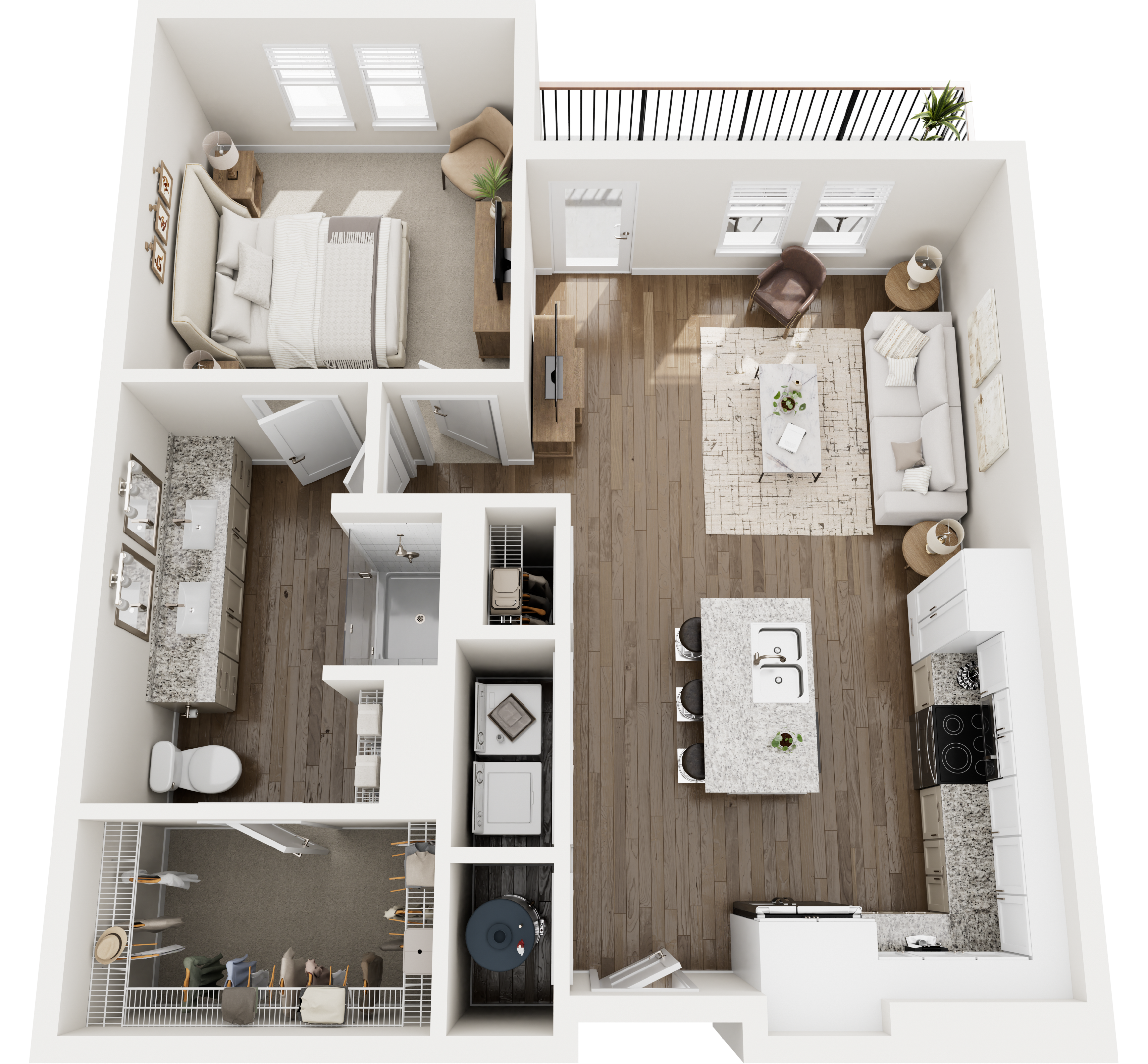 Modern one-bedroom apartment floor plan with open living space, kitchen, and balcony.