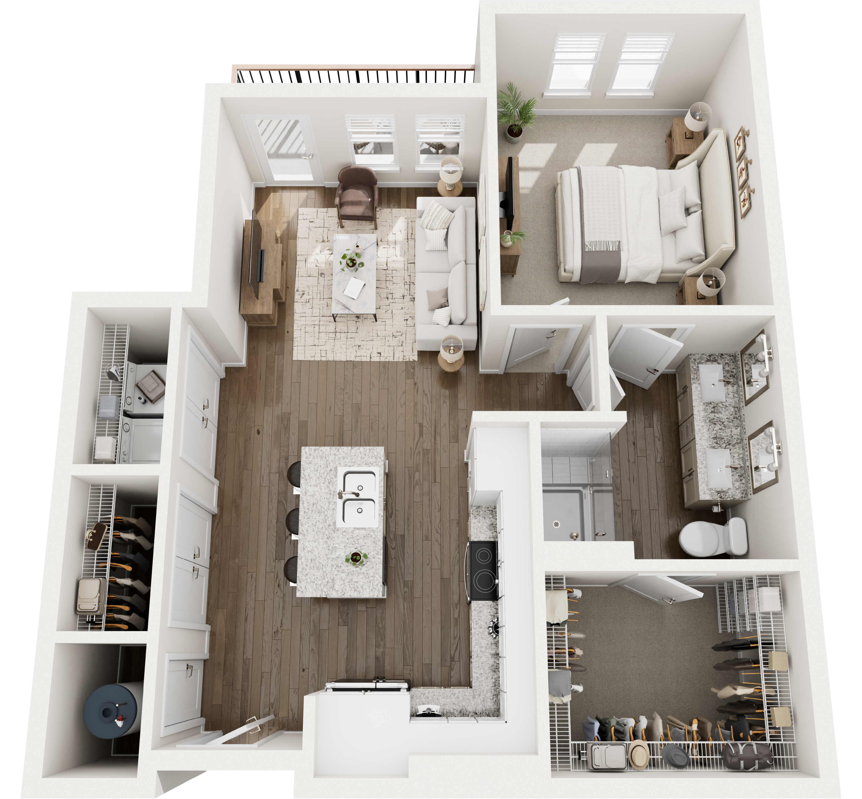 One-bedroom apartment floor plan with open kitchen, living area, bathroom, and walk-in closet.