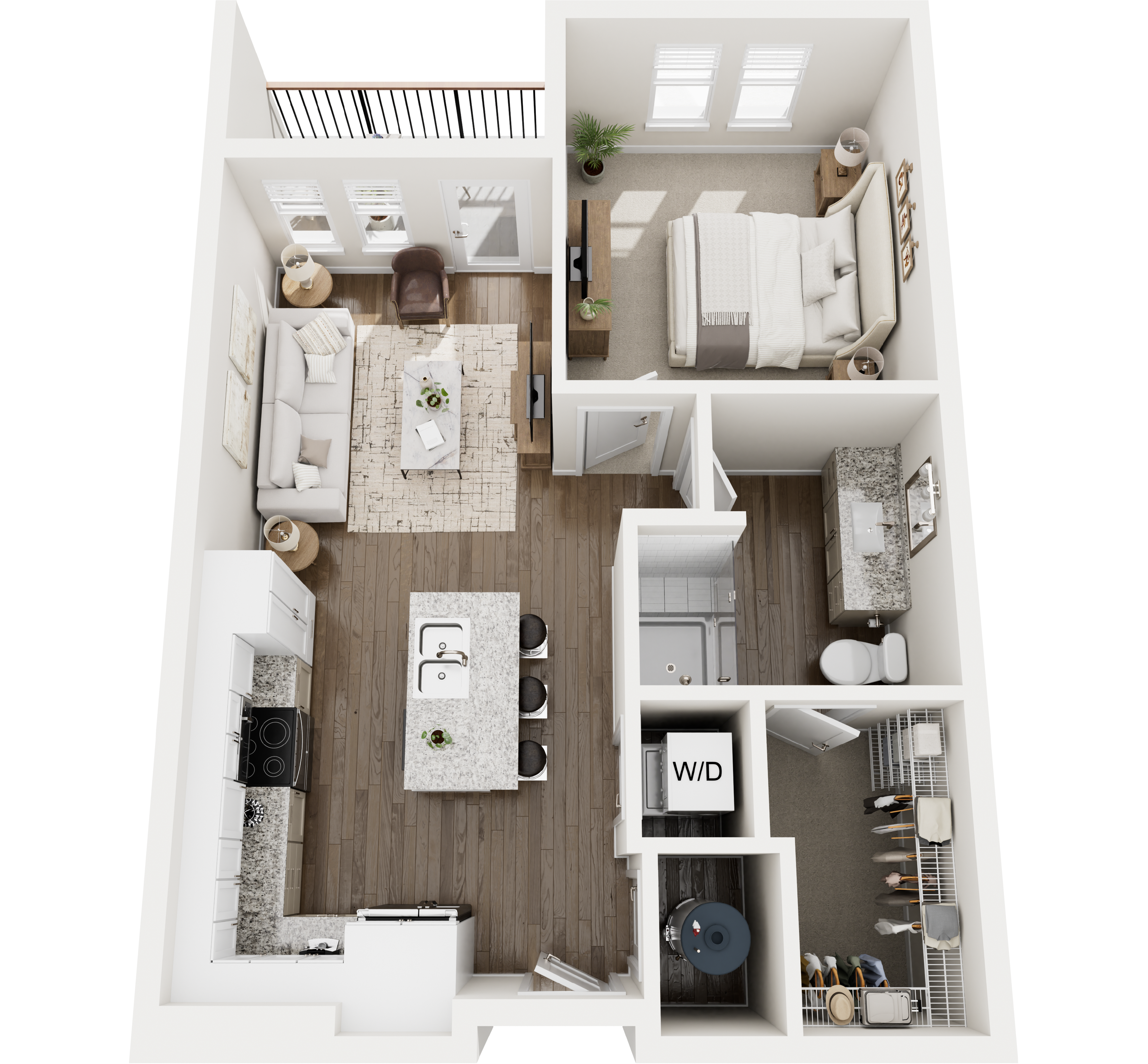 1-bedroom apartment floor plan with open kitchen, living area, bathroom, and bed. Modern design with wooden floors.