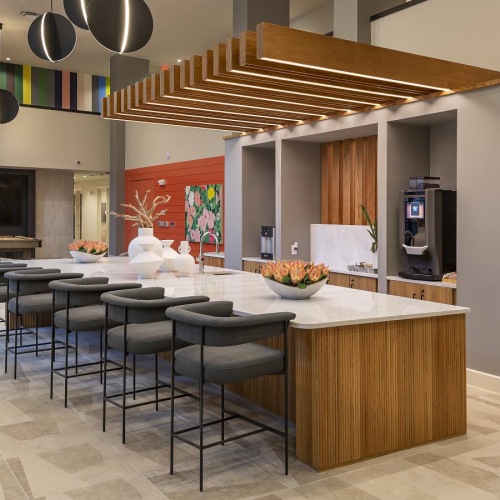 clubhouse kitchen with a bar and chairs