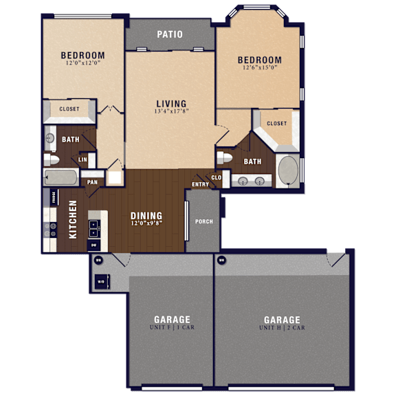 A floor plan of a two-bedroom apartment with a living room, dining area, kitchen, two garages, and a patio.