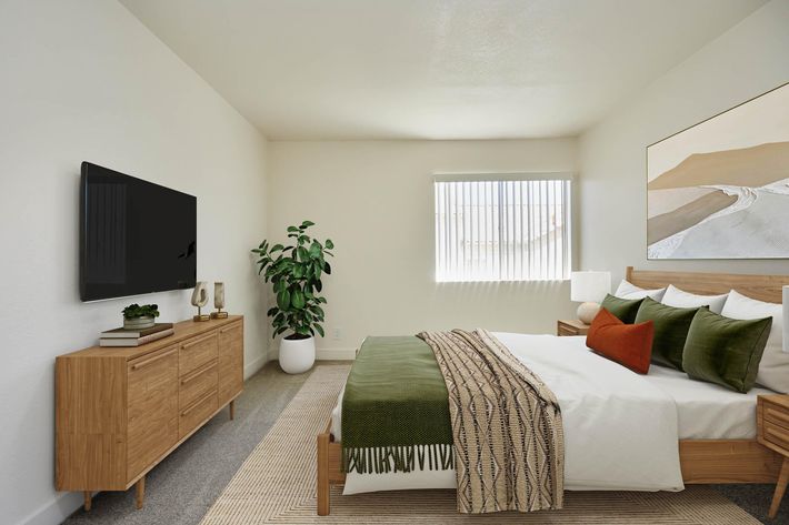 A modern bedroom featuring a large bed with green and orange decorative pillows, a stylish woven throw, and a wooden headboard. Alongside the bed is a light wood dresser with decorative items, a tall indoor plant, and a wall-mounted TV. A large window with blinds allows natural light in, enhancing the space's brightness.