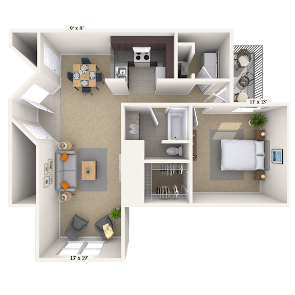 Floor Plan  1 bed 1 bath at Crosswinds Apartments, Pearl, MS, 39208