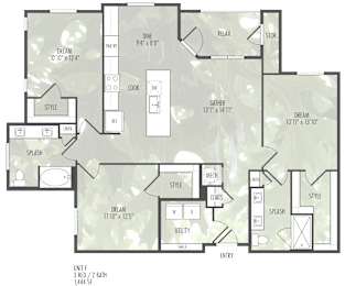 A floor plan of a home with a dining room, kitchen, living room, and bathroom.