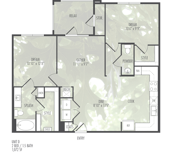 A floor plan of a home with a RELAX room, a DREAM room, a GATHER room, a POWDER room, a COOK room, a DINK room, a SPLASH room, a ST