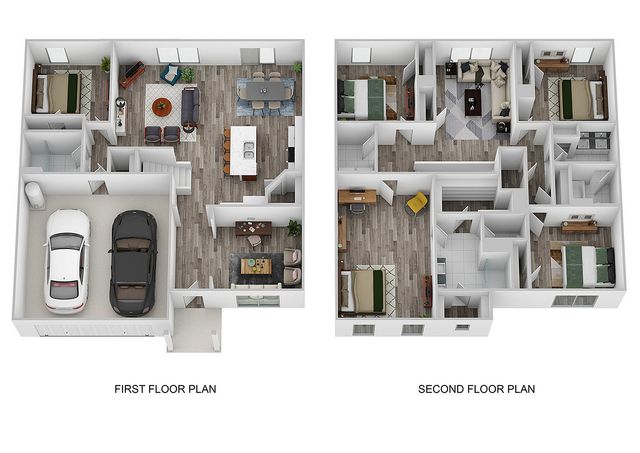 3D floor plan of a duplex showcasing a garage, open living area, and multiple bedrooms.