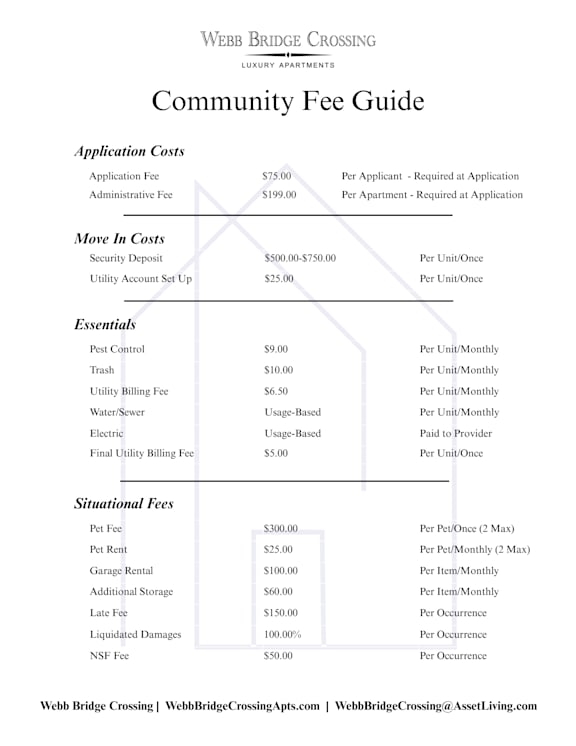 A community fee guide for Webb Bridge Crossing Luxury Apartments.