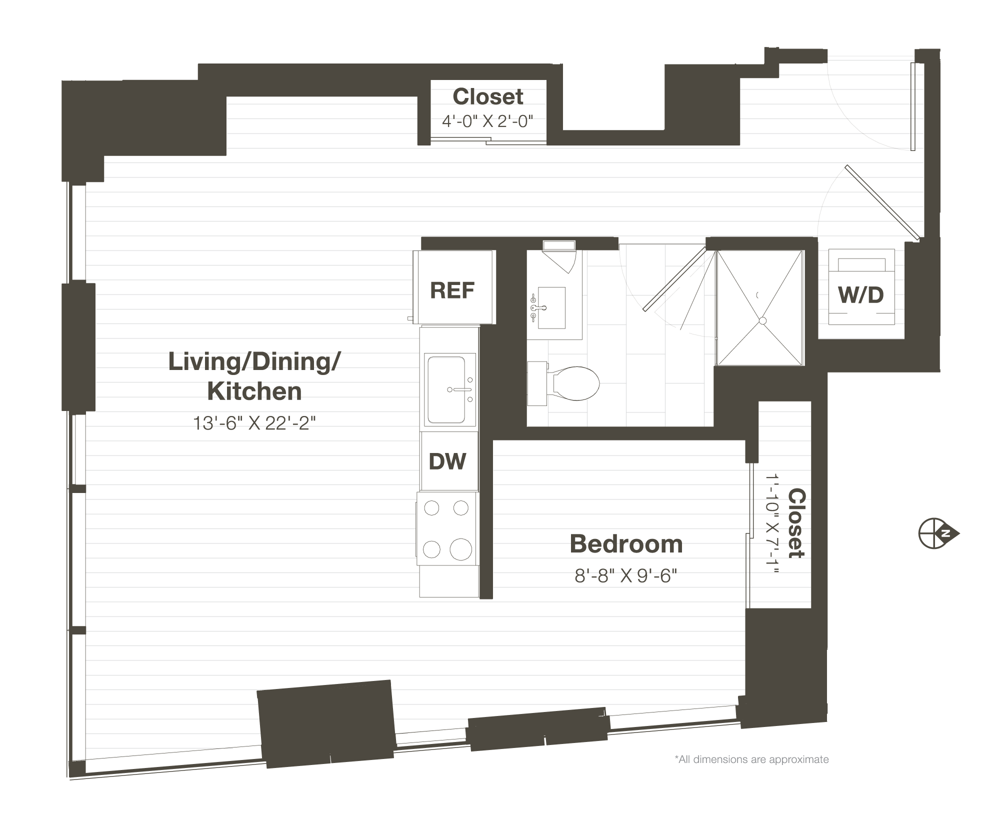 A floor plan of a small apartment with a living room, dining room, kitchen, and bedroom.