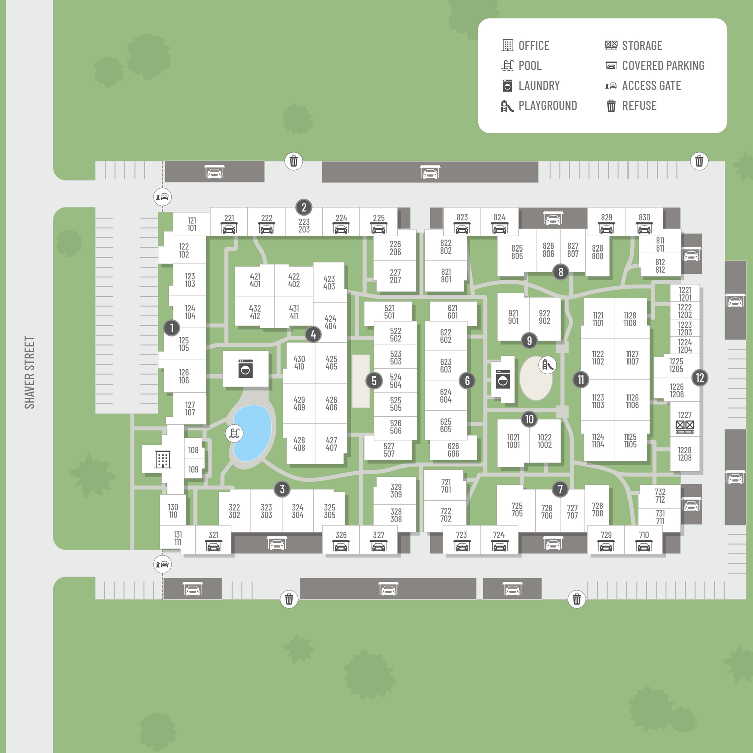 A site map marked by red dots showing unit locations, if available.