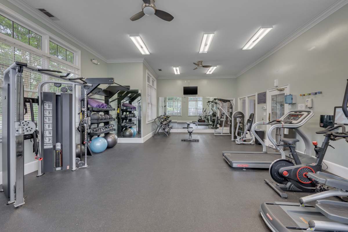 Fully-equipped fitness center at Kildaire Reserve Apartments, Cary, North Carolina