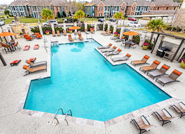 Pool view from terrace at La Veranda at Polly Lane Apartments, Lafayette