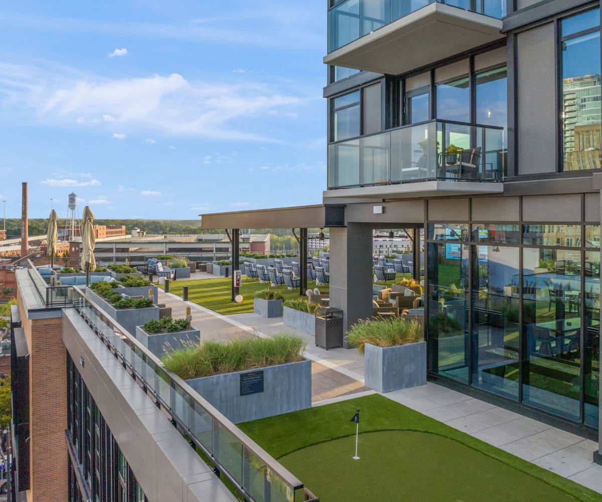Aerial view of outdoor rooftop amenities at The Novus Apartments in Durham, North Carolina
