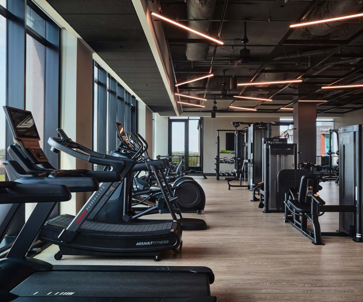 Fitness center with premium equipment at The Novus Apartments in Durham, North Carolina