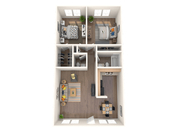 Floor Plan 3D floorplan of a two-bedroom, one-and-a-half-bathroom apartment at Coronado Springs Apartments in Palm Springs, Florida.