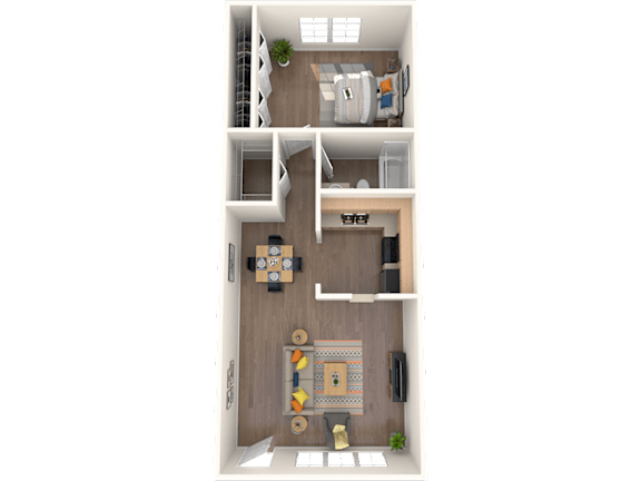 Floor Plan 3D floorplan of a one-bedroom apartment at Coronado Springs Apartments in Palm Springs, Florida without a patio